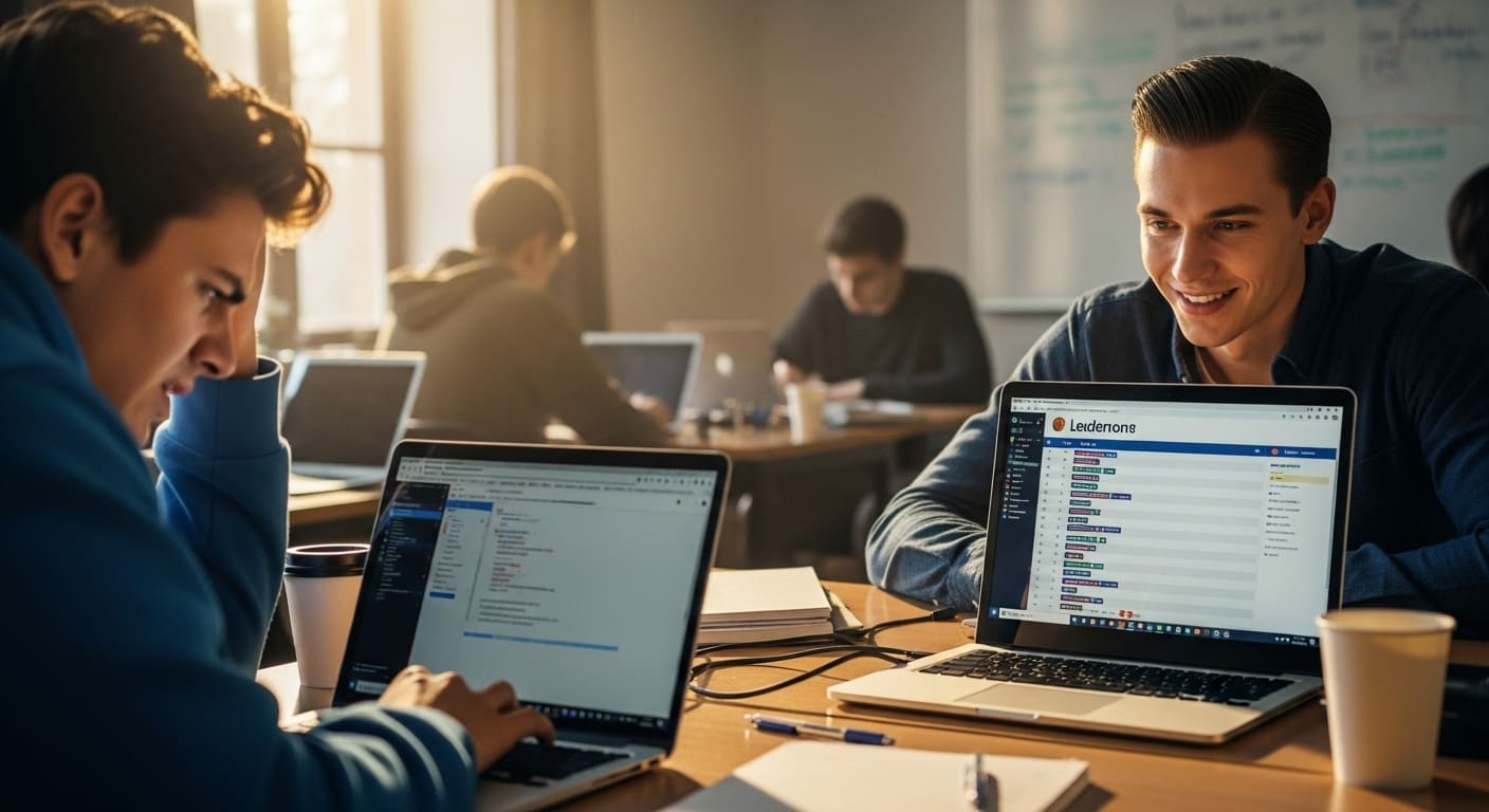 Frustrated student falling behind while another student quickly excels in a classroom gamification setting.