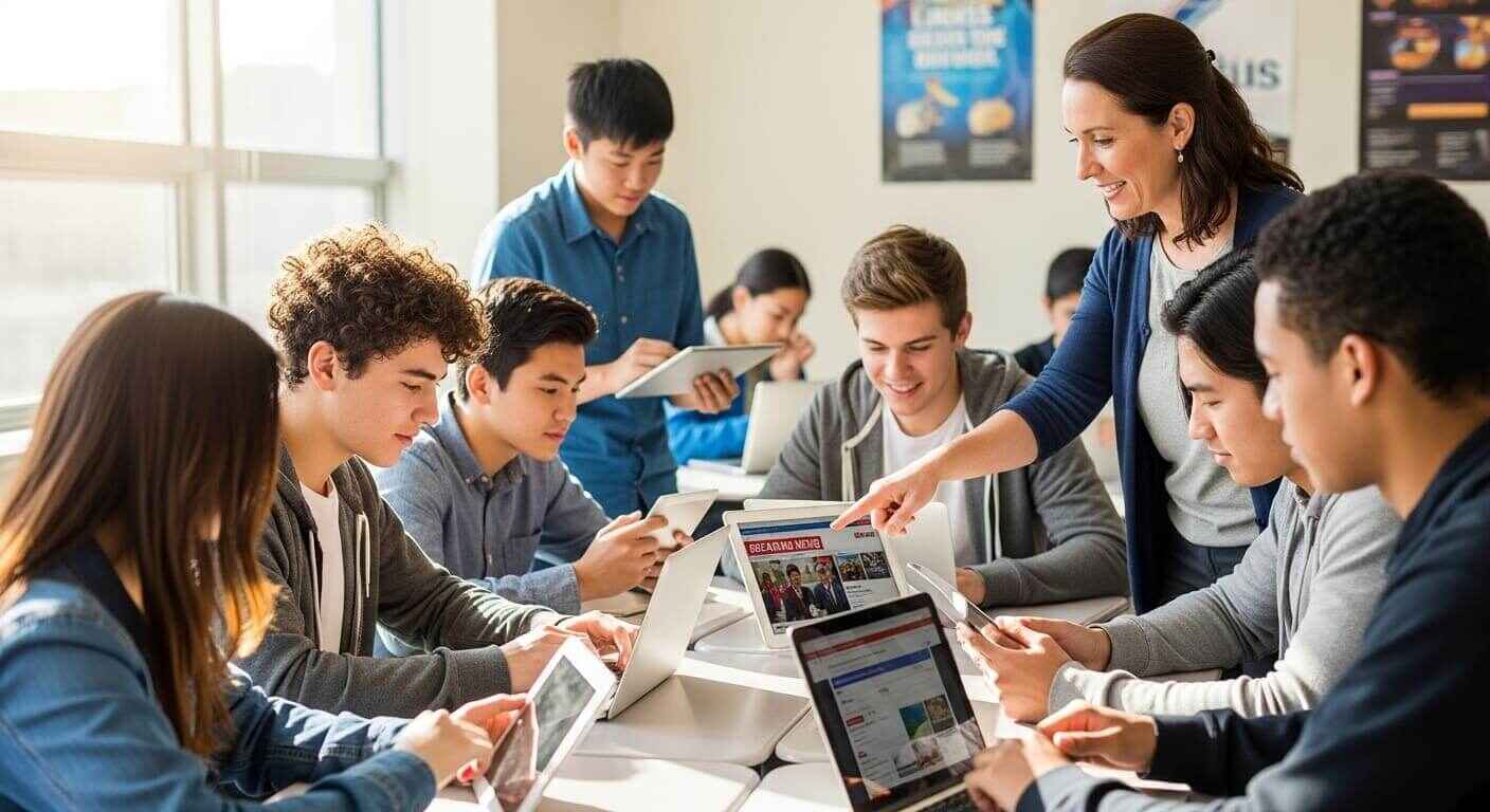 Students engaging with an interactive classroom news activity using digital devices for current events.