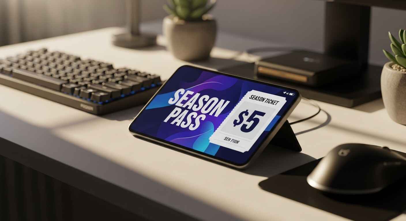 Visual representation of a digital season ticket with a price tag showing USD 5, symbolizing affordability and one-time purchase.