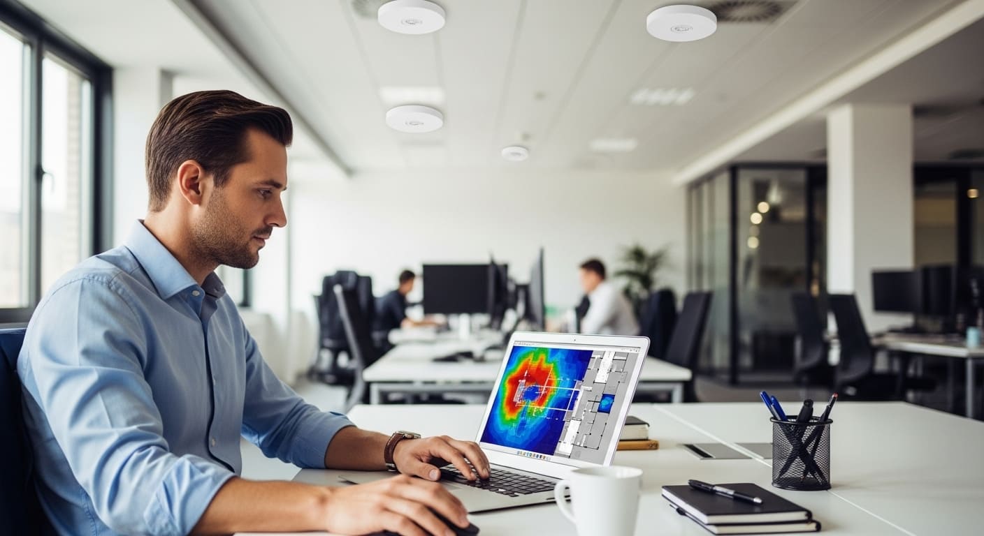 IT professional reviewing Wi-Fi coverage maps on a laptop with access points installed in the office ceiling.