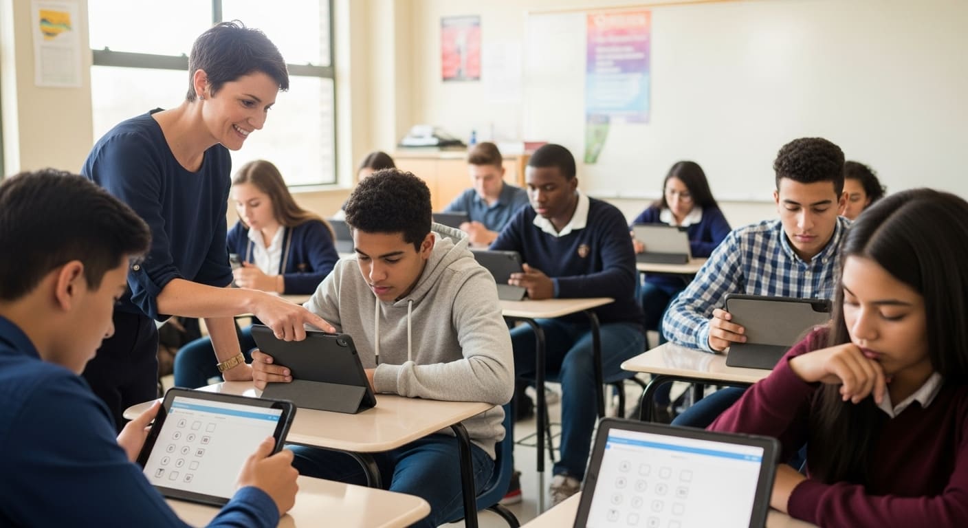 Teacher guiding students through multiple-choice questions on tablets in a modern classroom.