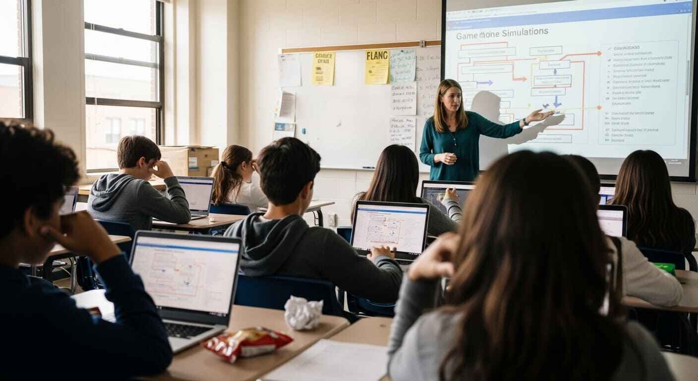 Middle school students looking puzzled while trying to play a complicated Gimkit classroom game with multiple rules.