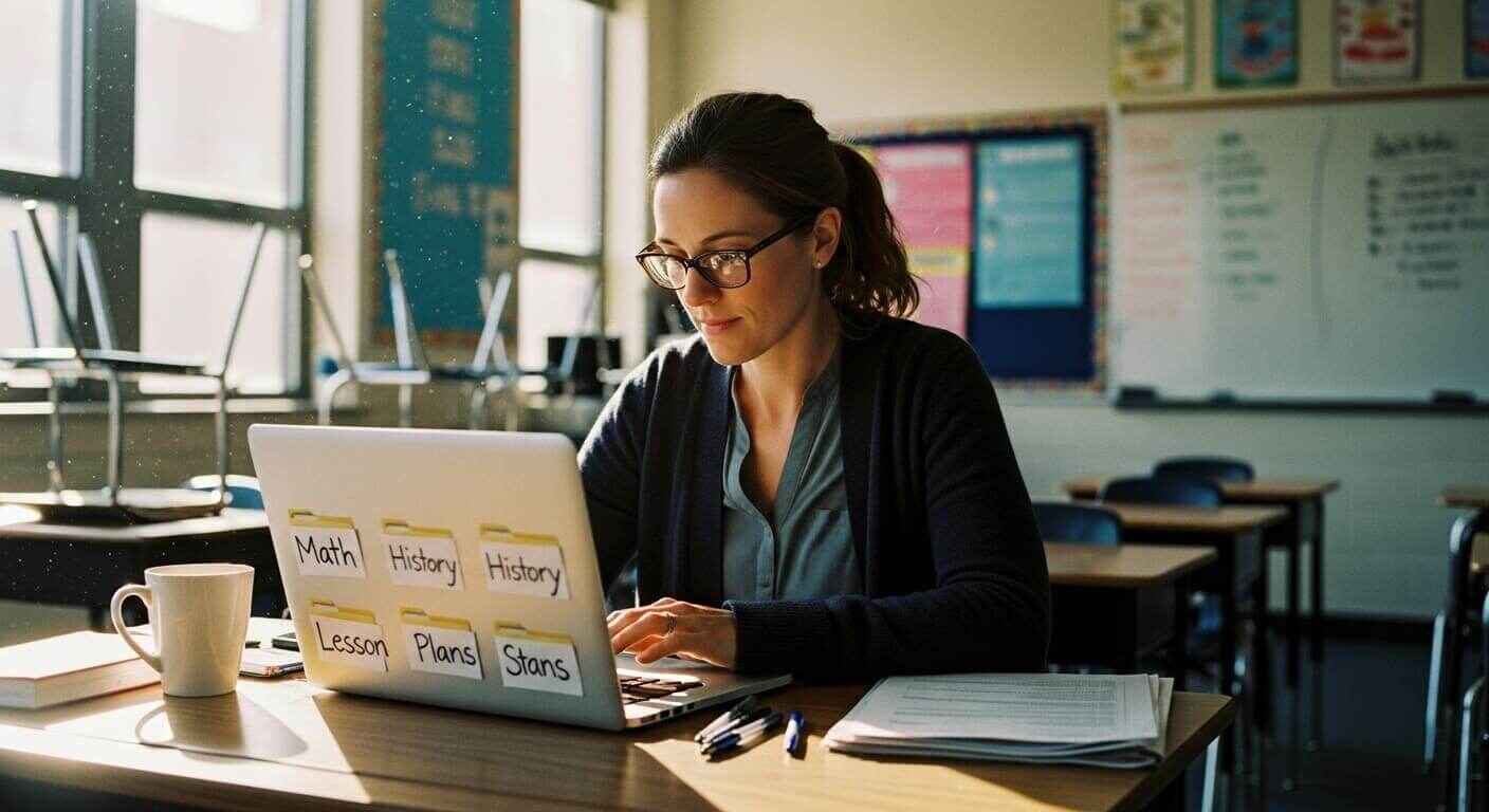 Teacher organizing digital learning kits using Gimkit’s folder system on a laptop.