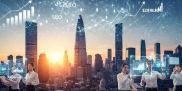 A vibrant, futuristic cityscape at sunset, with digital growth charts and interconnected global networks hovering above modern skyscrapers, symbolizing the booming $339 billion SEO industry and how white label services enable businesses to scale and thrive in this digital landscape.