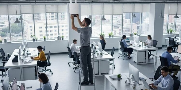 A realistic, high-angle shot of a modern, open-plan office space with a network administrator on a ladder, installing a sleek, white wireless access point on the ceiling. The office is clean and minimalist, with scattered employees working on laptops and using tablets.