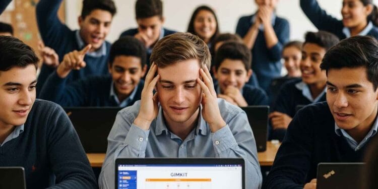 A wide-angle, realistic photo of a chaotic but fun classroom. A young male teacher in the foreground with a slightly bewildered but amused expression is looking at his laptop, which is showing a Gimkit game screen. In the background, students are a blur of excited, focused, and slightly confused activity. Some are huddled around tablets or laptops, one student has a hand in the air, and another is laughing. The classroom is filled with bright, natural light. The photo should feel dynamic and a bit messy, capturing the reality of a classroom in motion, and all the elements should contribute to the idea of "learning from mistakes."