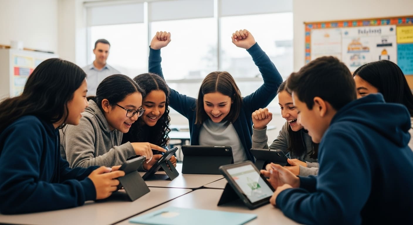 Students discussing strategy while playing Gimkit Trust No One game, whispering and celebrating success in a buzzing classroom.