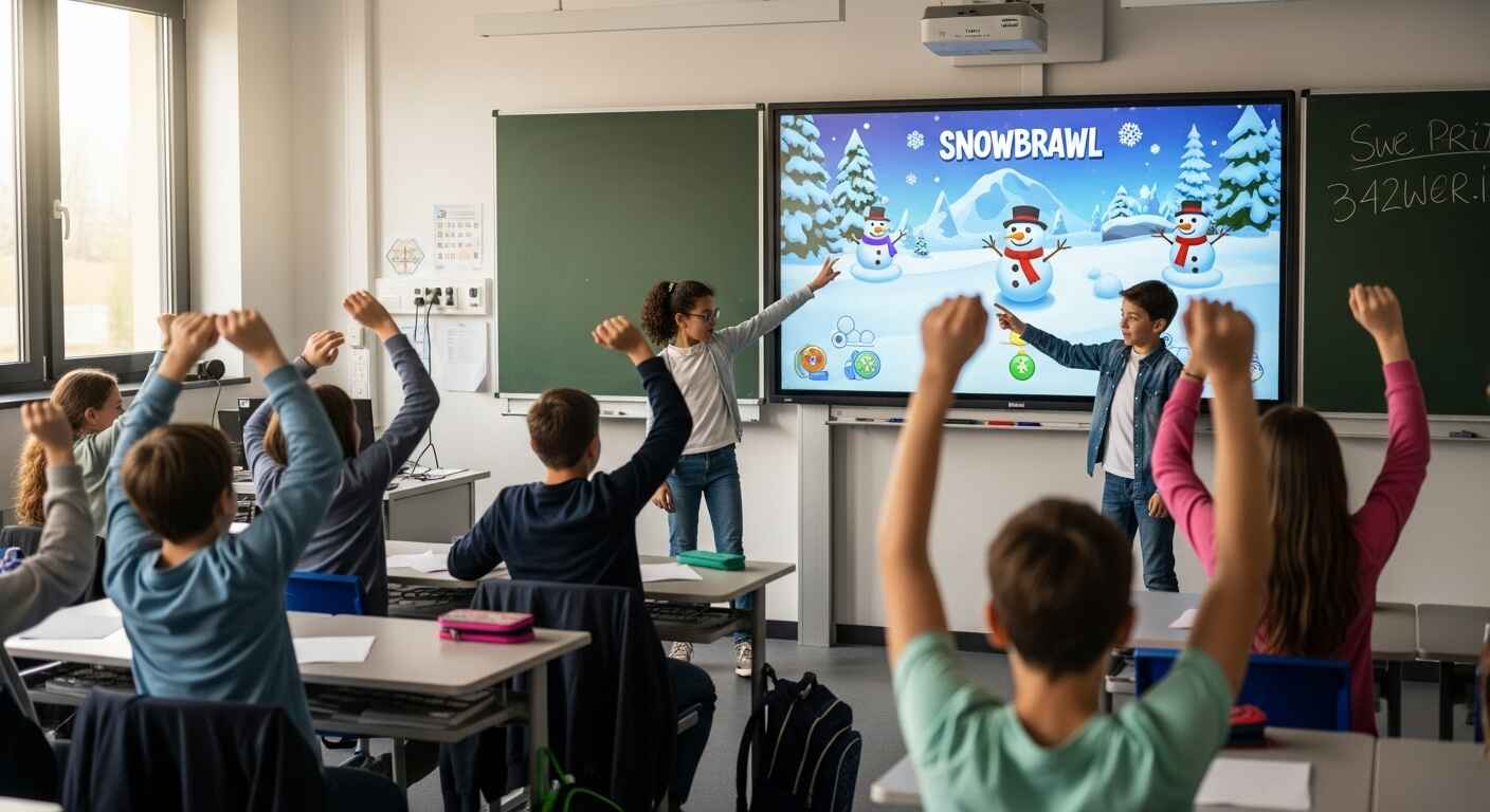 Students smiling and cheering during Gimkit’s Snowbrawl game mode displayed on a classroom screen.