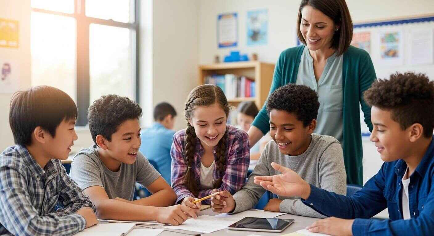 Students from diverse backgrounds collaborating on a classroom activity that promotes empathy and cultural understanding.