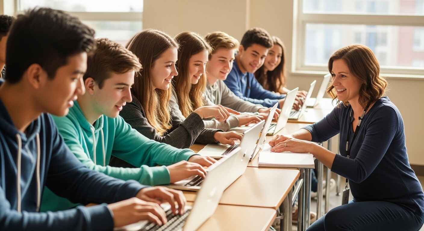 Students and a teacher happily using laptops in a classroom, highlighting collaboration and gamified learning perks.