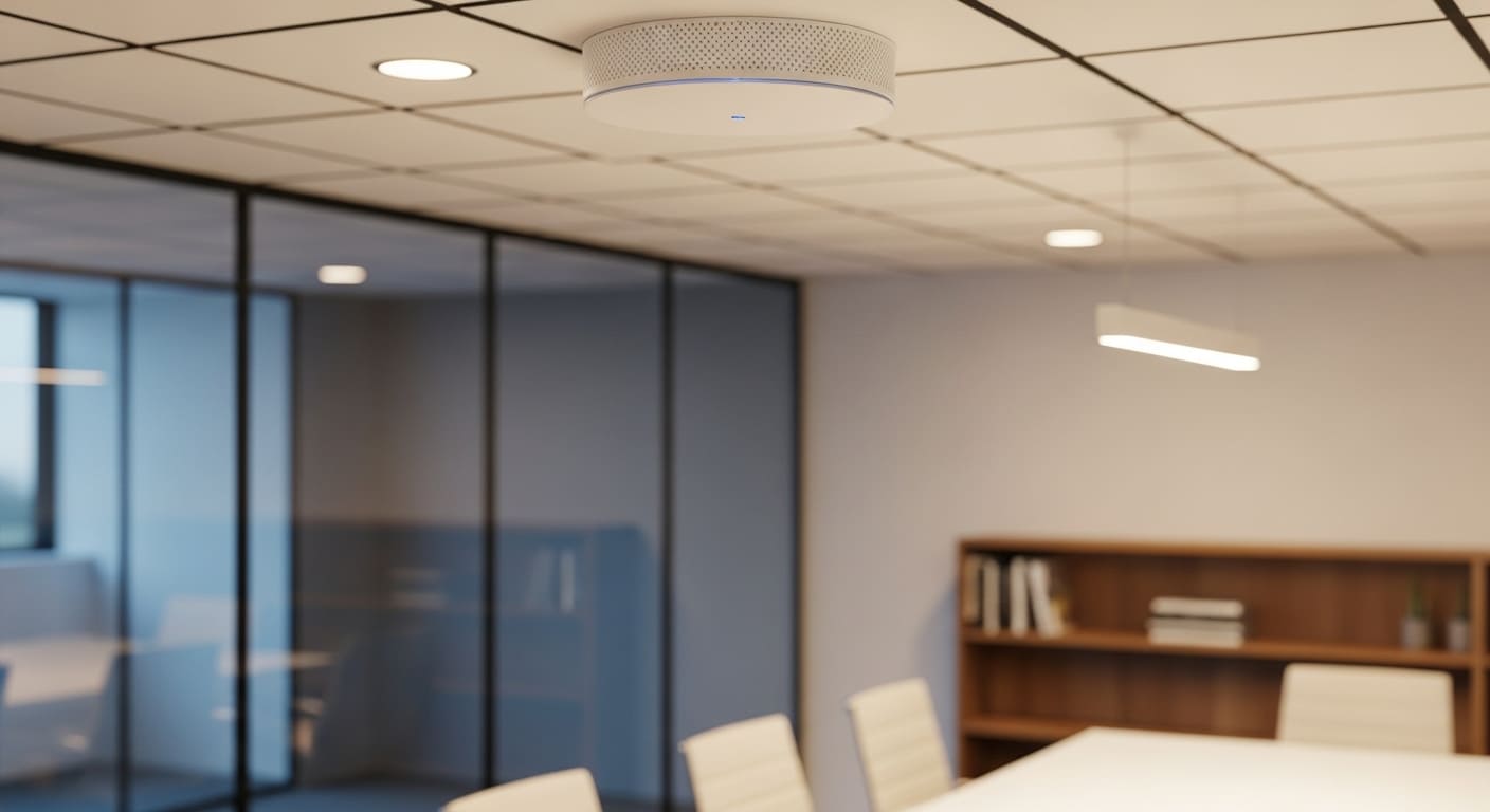 Ceiling-mounted wireless access point in a conference room with glass walls and shelves.