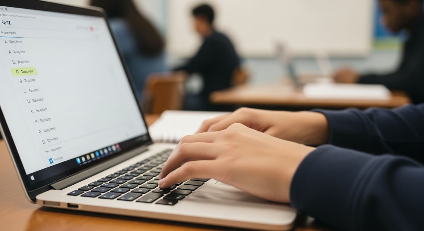 Student typing an answer into a digital quiz on a laptop during class.