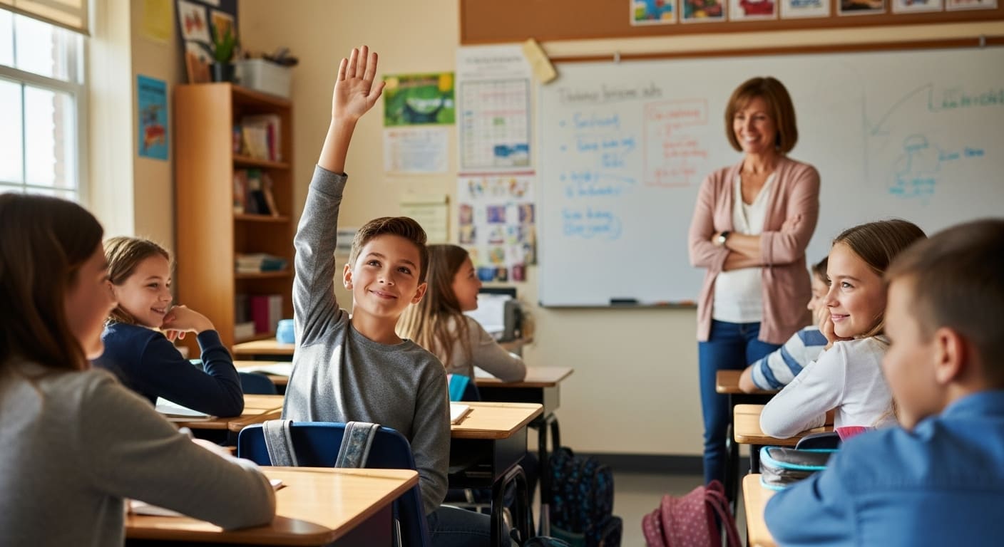 A once-shy student raising his hand confidently in class after gaining skills and confidence through Gimkit.