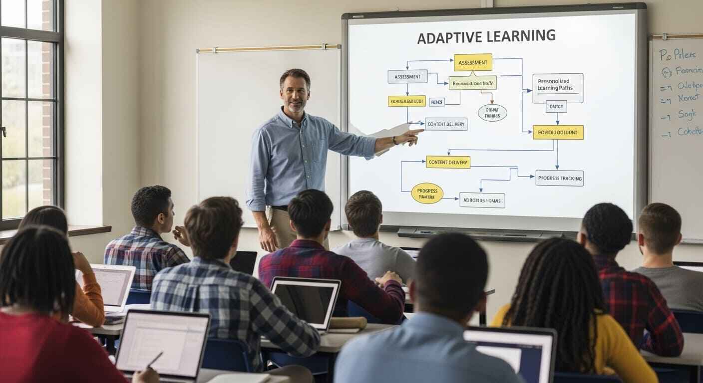 Teacher guiding students through a step-by-step adaptive learning process with classroom technology.
