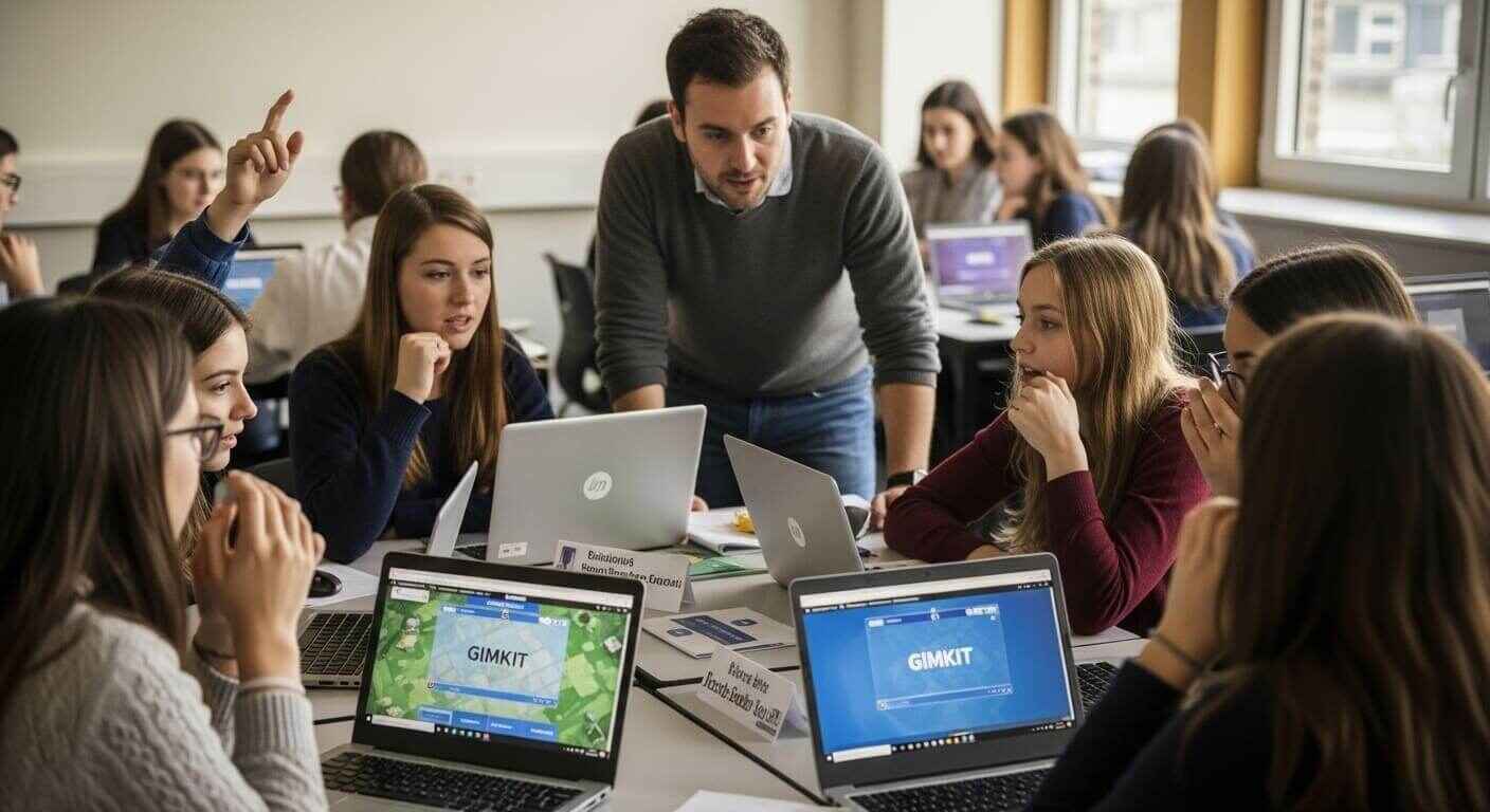 High school students participating in a classroom debate simulation using Gimkit as a discussion tool.