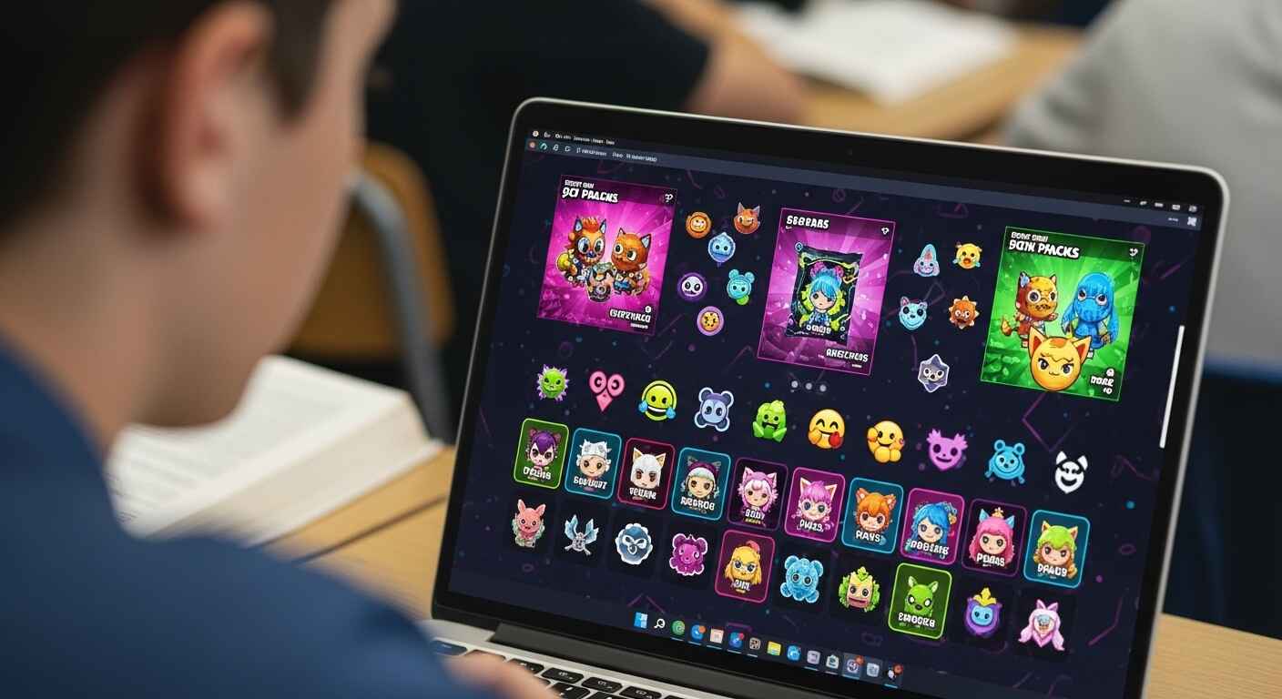 A student exploring colorful digital packs with skins and avatars on a laptop screen, representing Gimkit’s cosmetic rewards.