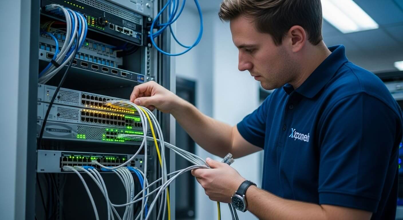 IT professional inspecting Ethernet switch and power-over-Ethernet cables in a server rack.