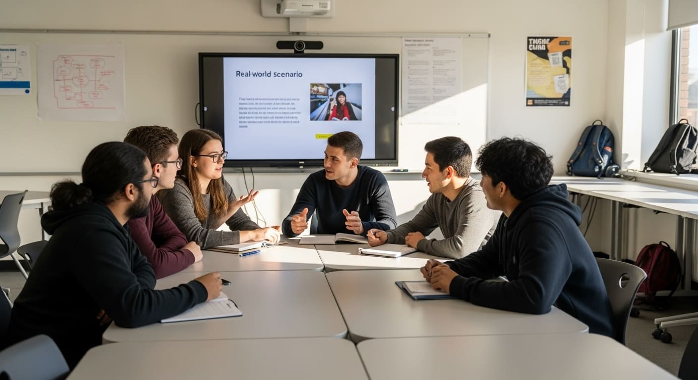 Students collaborating in a classroom, solving scenario-based questions together.