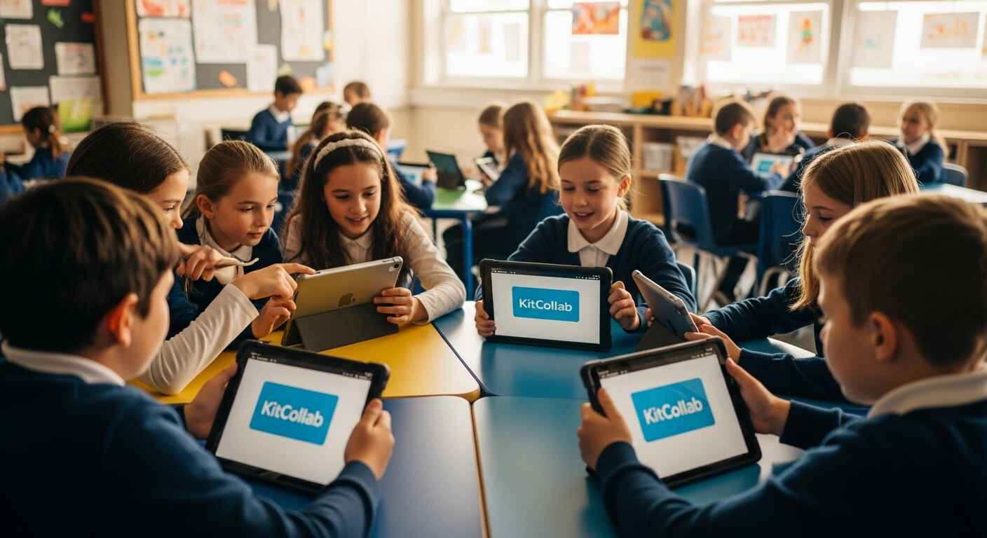 Students working together on tablets using Gimkit’s KitCollab feature to build a quiz collaboratively.