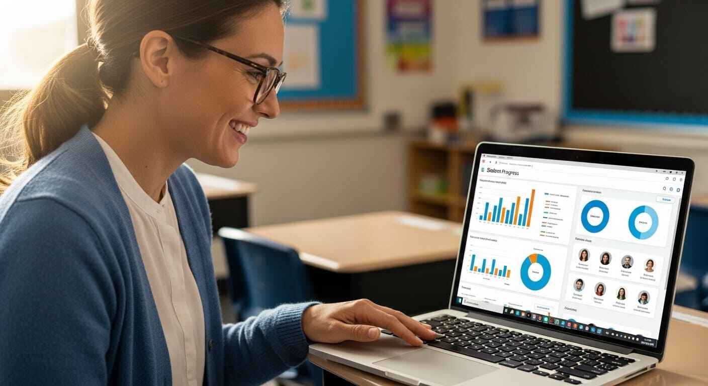 Teacher smiling while viewing student performance insights on a digital dashboard.