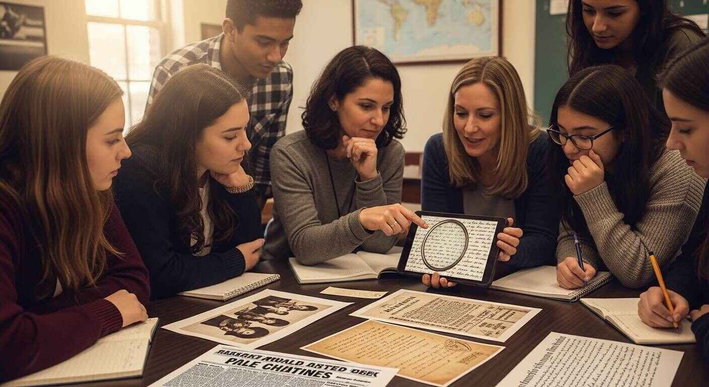 Students examining historical primary source documents during an interactive Gimkit classroom activity.