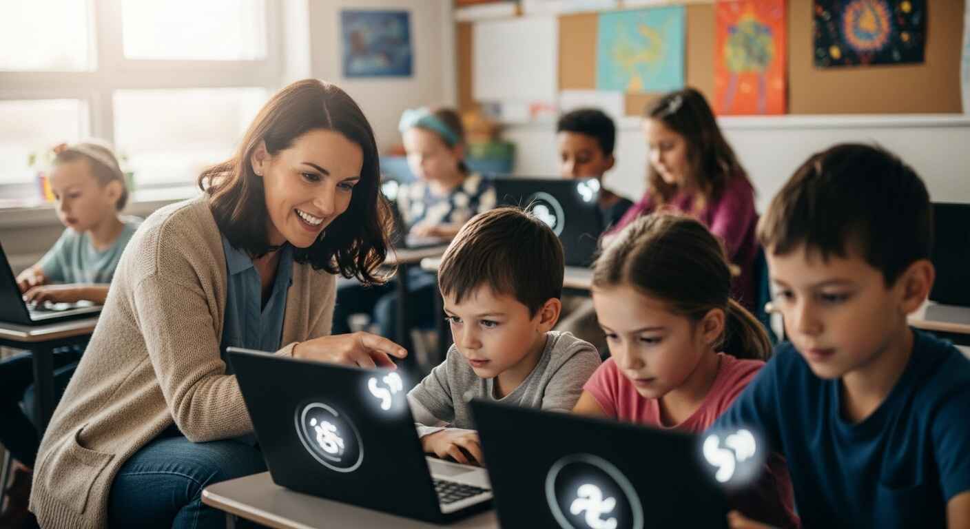 A teacher guiding students in a gamified classroom environment, motivating them to earn in-game rewards.