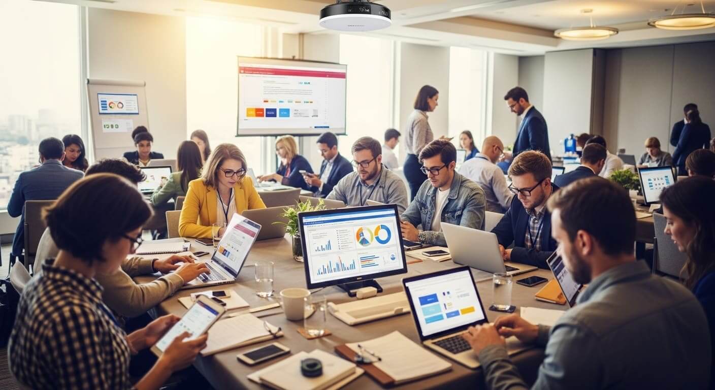 Crowded meeting room with multiple laptops and mobile devices connected to Wi-Fi.