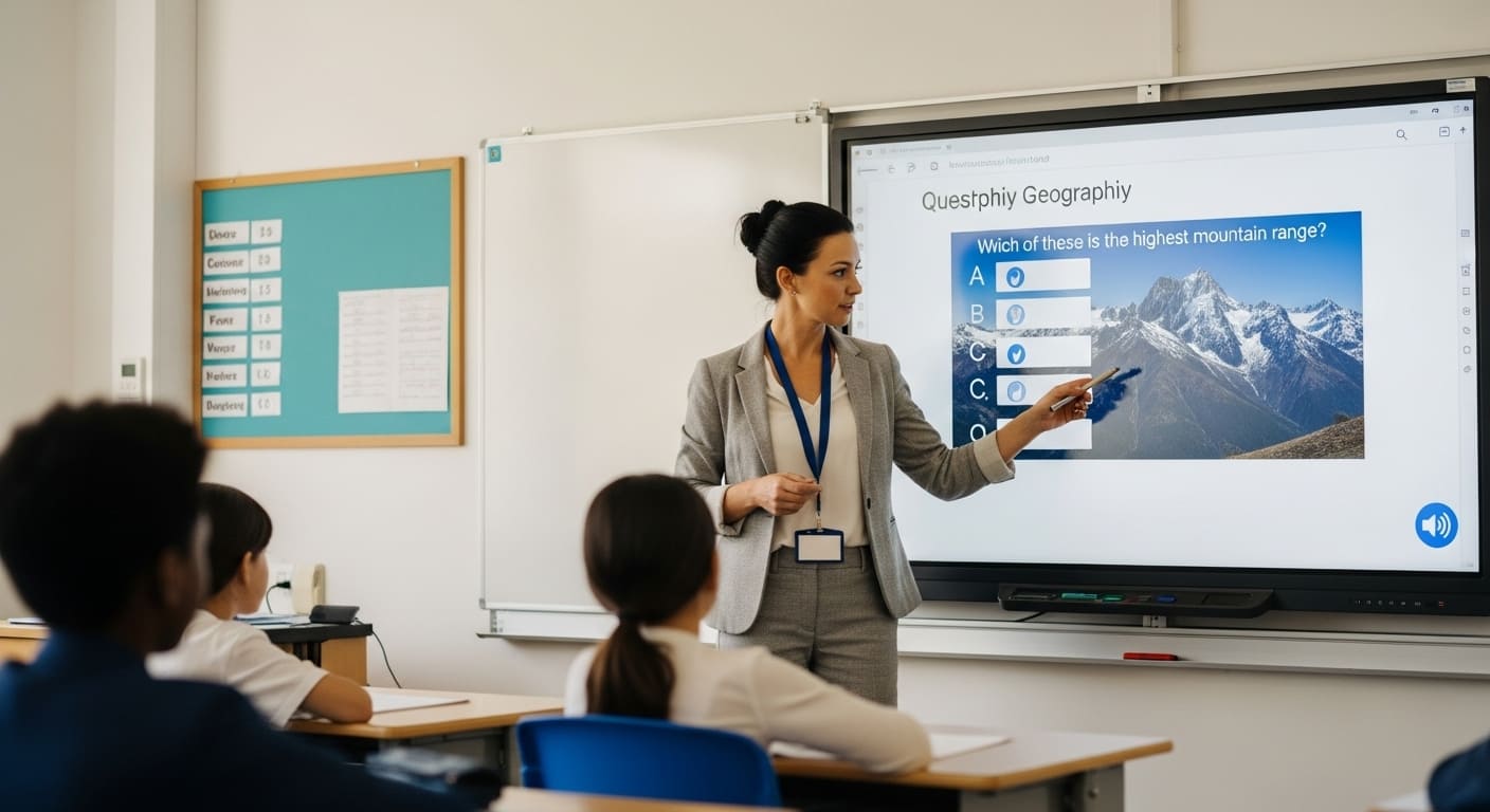 Teacher showing students an interactive multimedia quiz with images and audio on a projector.