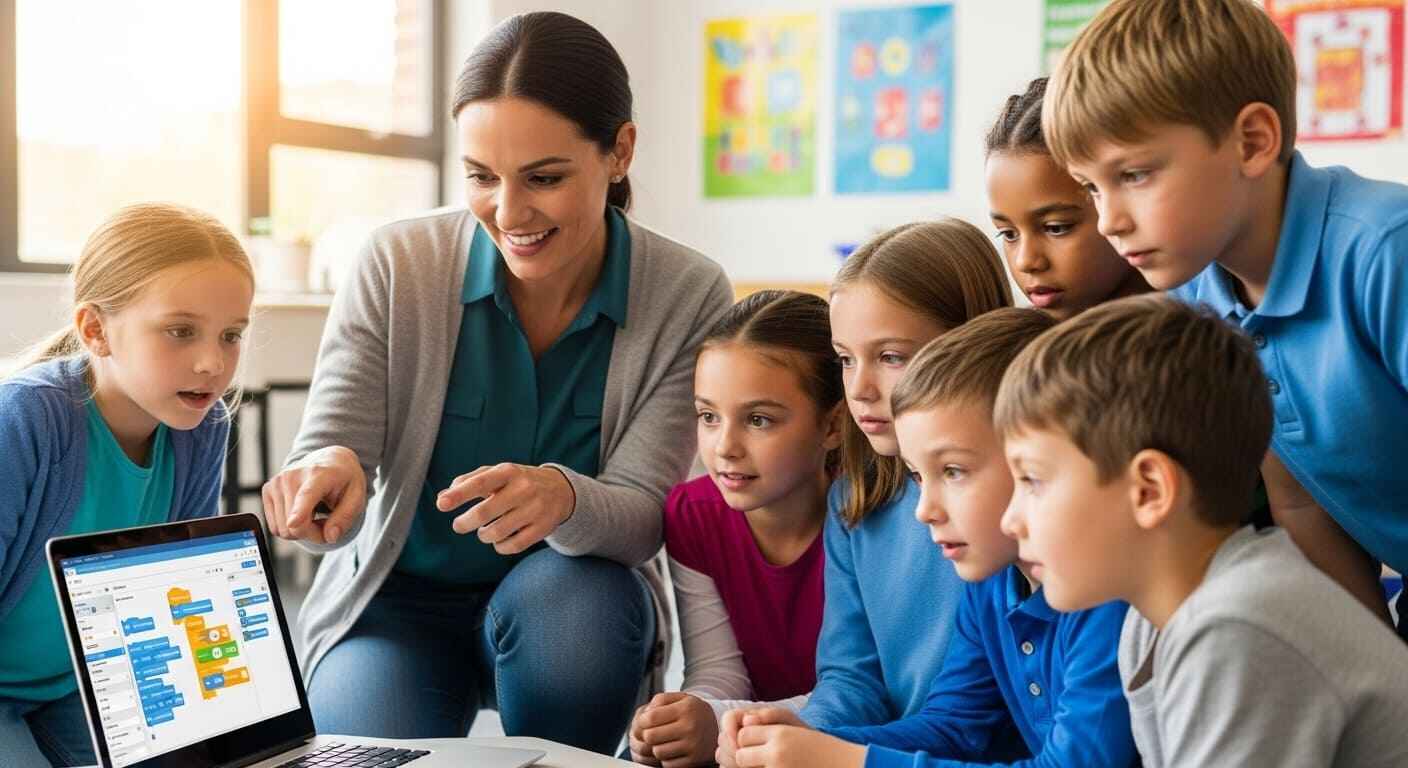 Teacher holding a pre-game huddle with students to explain Gimkit rules before starting.
