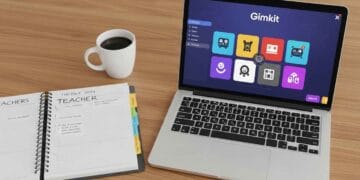 A close-up, top-down shot of a teacher's desk. In the foreground, a laptop shows a colorful Gimkit dashboard with different game modes and reports. Beside it, a neatly organized planner and a cup of coffee. The overall scene is bright, organized, and professional, suggesting a well-thought-out, strategic approach to teaching.