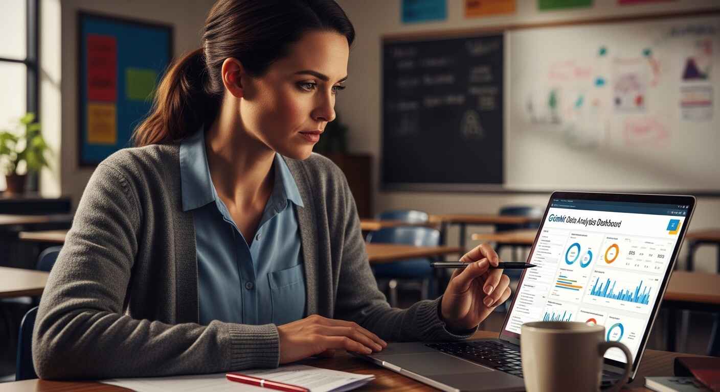 Teacher reviewing Gimkit’s Data Analytics Dashboard on a laptop, analyzing student performance after a game.
