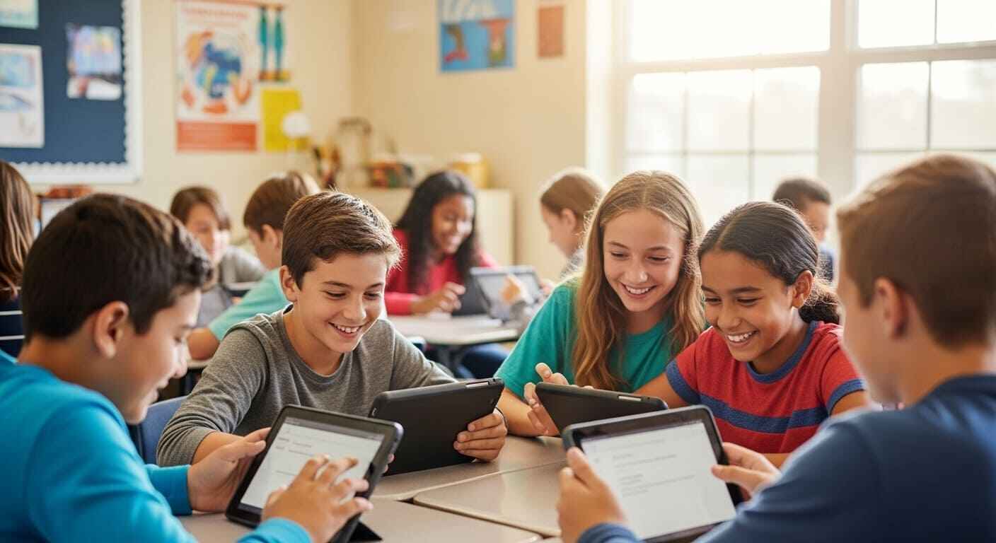 Students engaged with personalized learning games, building confidence and excitement.