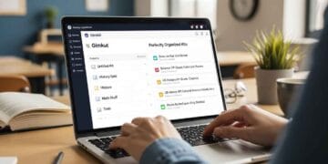 A close-up, dynamic photo of a teacher's hands typing on a laptop keyboard. The screen shows a Gimkit dashboard with a variety of kits, some with generic names like "Untitled Kit" and others with well-organized, descriptive names like "Science 5th Grade Cells Unit Review." The background is a slightly blurred classroom with books, a globe, and other teaching materials, emphasizing the educational context.