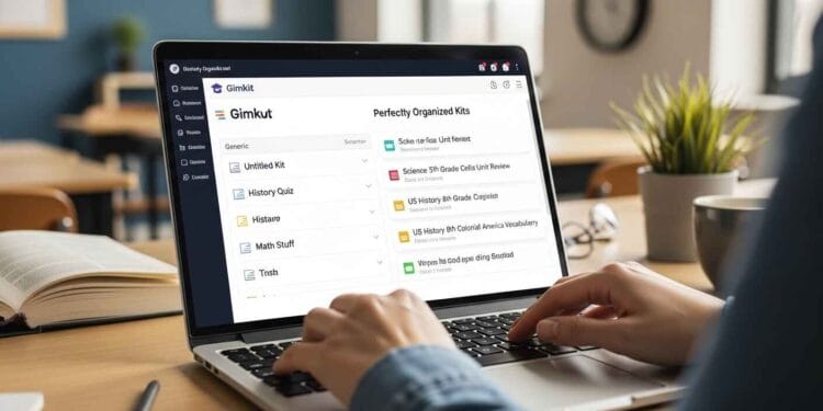 A close-up, dynamic photo of a teacher's hands typing on a laptop keyboard. The screen shows a Gimkit dashboard with a variety of kits, some with generic names like "Untitled Kit" and others with well-organized, descriptive names like "Science 5th Grade Cells Unit Review." The background is a slightly blurred classroom with books, a globe, and other teaching materials, emphasizing the educational context.