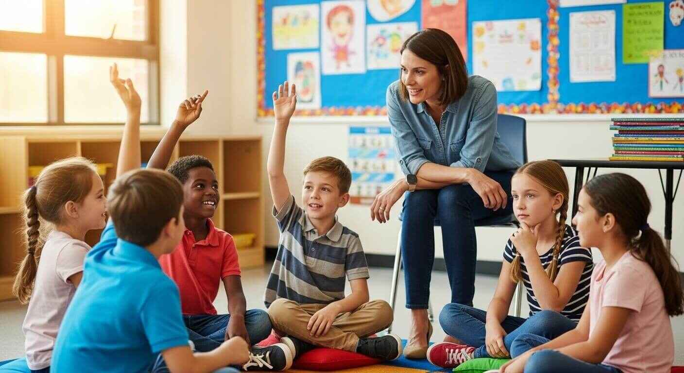 Teacher leading a classroom discussion circle with students reflecting on a recent Gimkit learning activity.