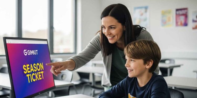 A photo of a teacher and student engaged with a computer screen showing the Gimkit Season Ticket interface in a bright, modern classroom.