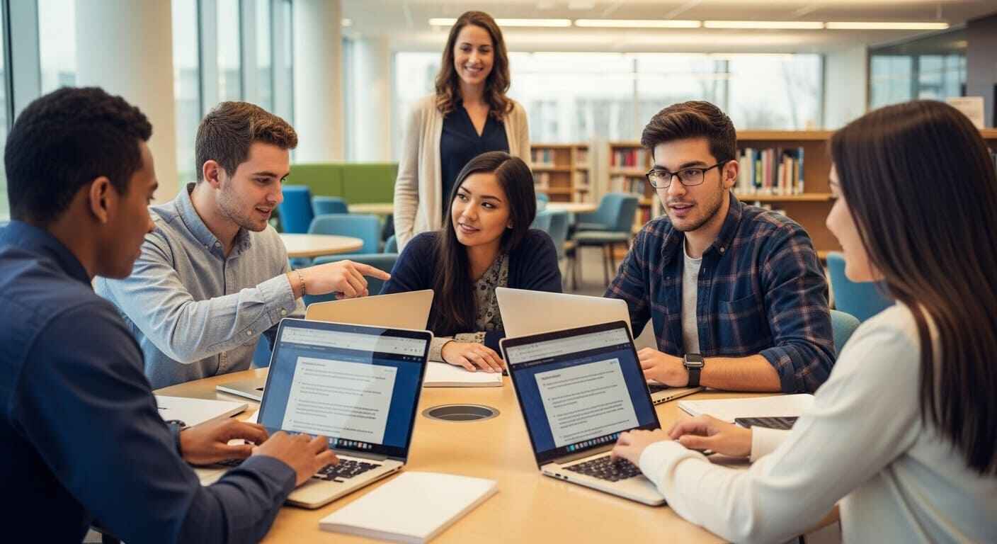 Students creating quiz questions together in real time using laptops.