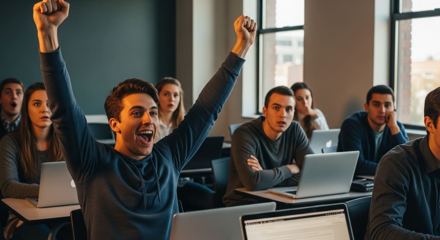 Student celebrating early victory in Gimkit game while classmates look disappointed.