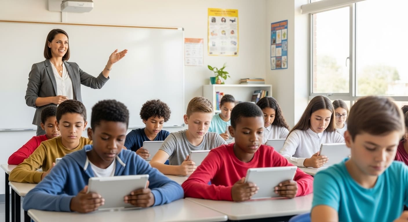 Teacher guiding classroom discussion on gamified learning, showing how Gimkit motivates students through strategy.