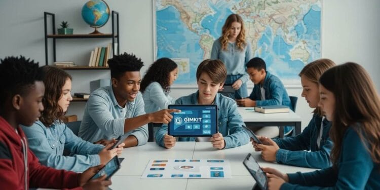 A vibrant, high-resolution photo of a diverse group of middle school students in a modern, sunlit classroom. They are actively collaborating on tablets and laptops, playing a Gimkit game focused on global current events. A world map and a prominent globe are visible in the background, symbolizing global education. The image captures a dynamic and engaging learning environment.