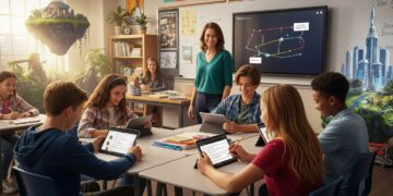 A vibrant, realistic classroom scene where enthusiastic middle or high school students are actively engaged in collaborative creative writing using Gimkit on tablets or laptops. The background subtly blends elements of a fantastical world (like a floating island or a medieval castle from a game) with traditional classroom decor, symbolizing the fusion of gaming and storytelling. An ELA teacher stands nearby, smiling, with a "storytelling" or "narrative" visual projected on a whiteboard behind them, illustrating the innovative use of technology in education.