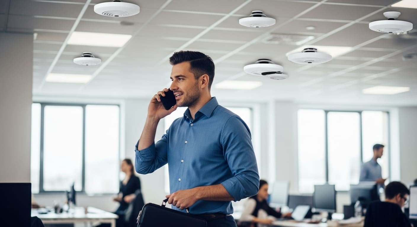 Business professional on a video call walking through office with phone connected to Wi-Fi.