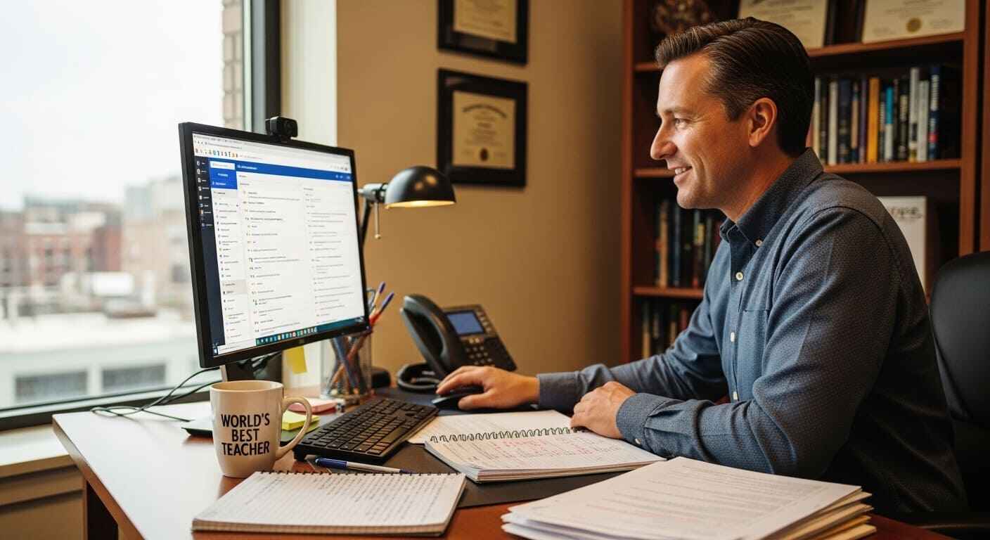 Teacher reviewing student-created questions on a computer during lesson planning.
