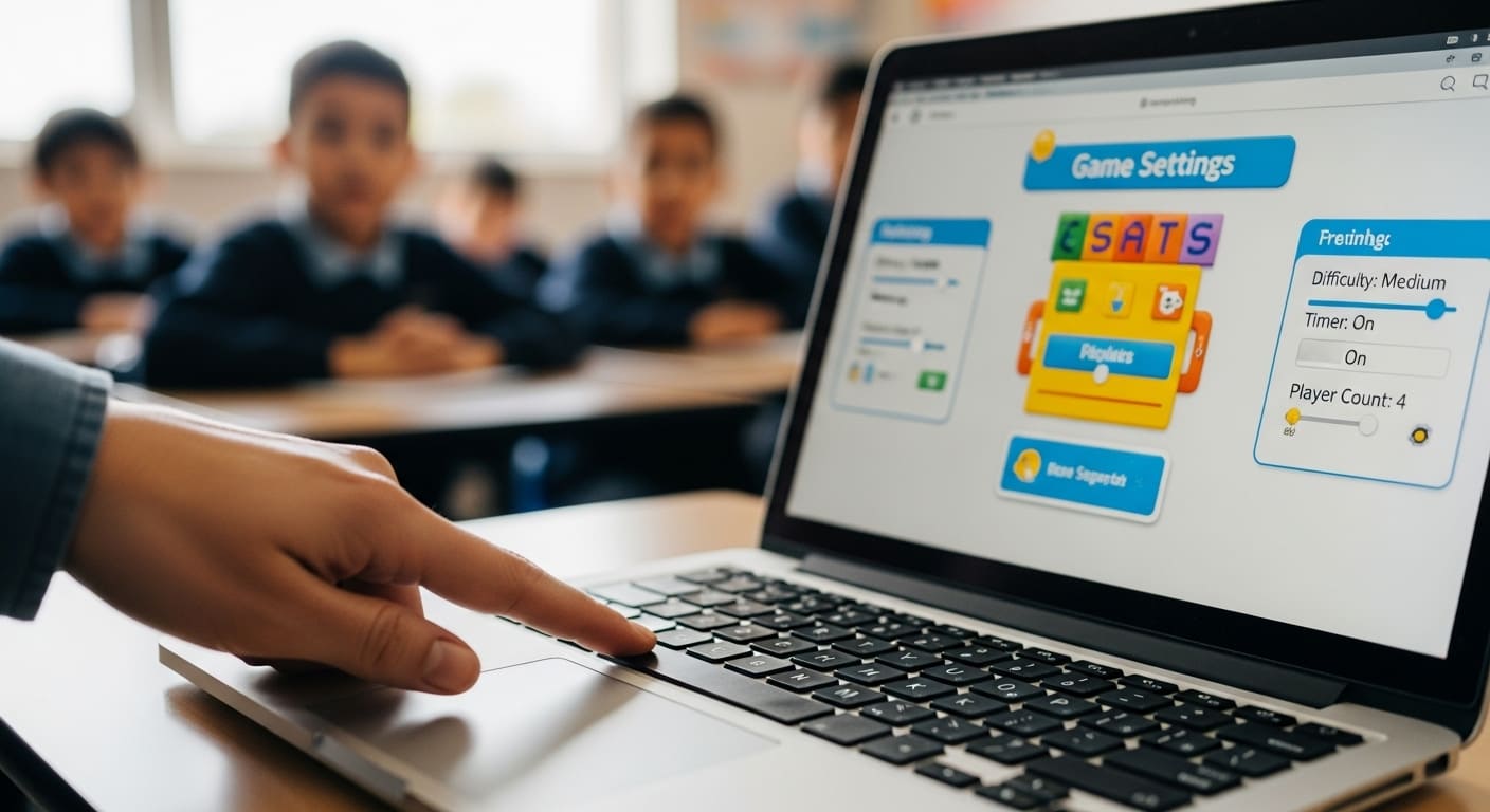 Teacher setting Gimkit game options on a laptop screen to create a balanced classroom activity.