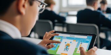 A close-up, dynamic shot of a student's hand on a tablet, with the Gimkit game interface visible on the screen. The student is focused and engaged, with a blurred classroom setting in the background. The scene conveys a modern, high-tech classroom environment focused on learning.