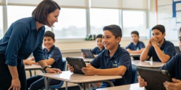 Teacher watching a quiet student gain confidence while playing Gimkit in a classroom, showcasing how gamification boosts engagement and learning.