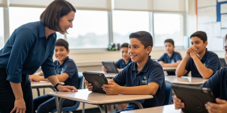 Teacher watching a quiet student gain confidence while playing Gimkit in a classroom, showcasing how gamification boosts engagement and learning.
