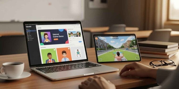 A close-up shot of a teacher's desk with a laptop open to the Gimkit dashboard, surrounded by a tablet showing a student's game view, a cup of coffee, and a few neatly stacked books. The scene is lit with warm, natural light, emphasizing a cozy yet tech-savvy classroom environment. The focus is on the screen, which shows colorful game data and a clean user interface.