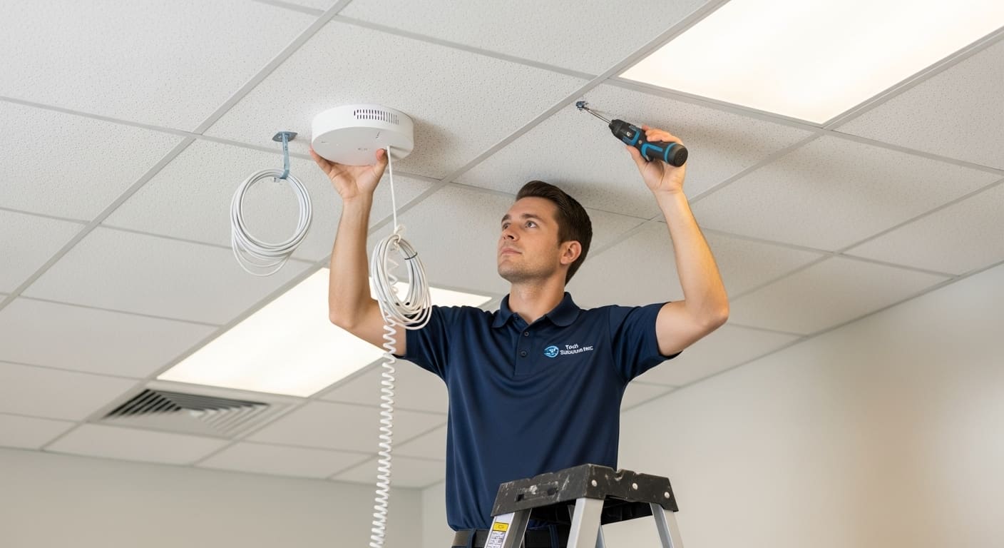 IT engineer installing a new wireless access point in an office ceiling.