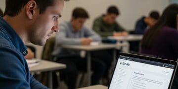 A close-up, high-quality, and realistic image showing a teacher's hands using a laptop to create an advanced Gimkit quiz. On the screen, a complex question with multiple inputs or a scenario-based prompt is visible. The background is a slightly blurred, modern classroom setting with a few students in the distance, suggesting a real-world educational environment. The image should convey a sense of innovation and professional development.
